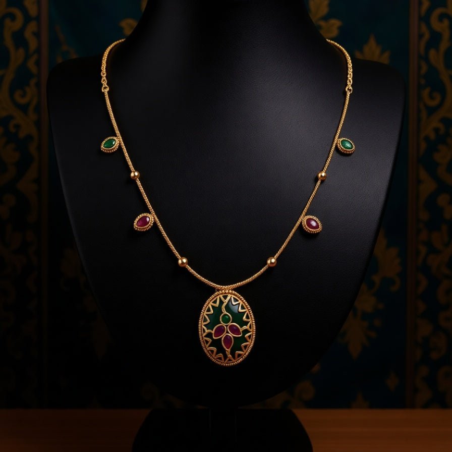 Elegant Green & Ruby Pendant Necklace | Antique Gold Finish Ethnic Necklace for Festive Wear - Tara Dhara