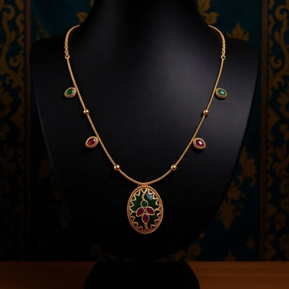 Elegant Green & Ruby Pendant Necklace | Antique Gold Finish Ethnic Necklace for Festive Wear - Tara Dhara