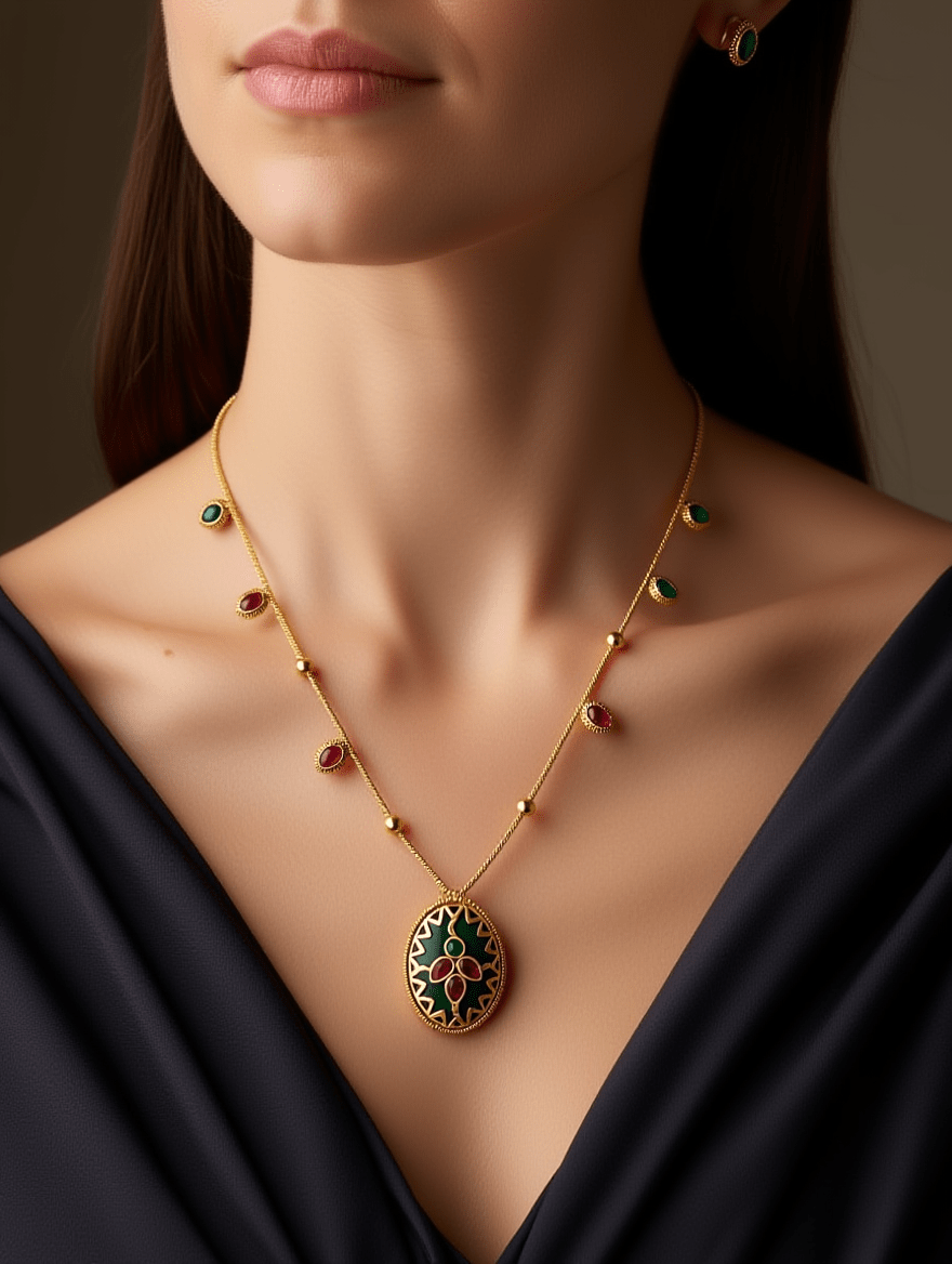 Elegant Green & Ruby Pendant Necklace | Antique Gold Finish Ethnic Necklace for Festive Wear - Tara Dhara