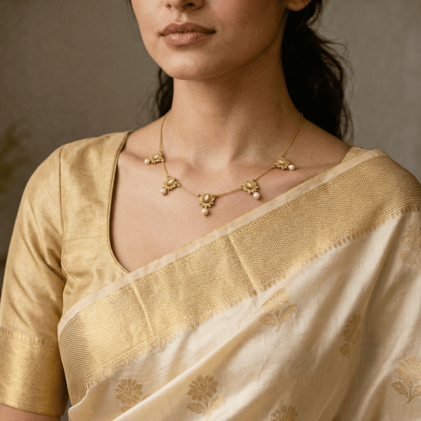 Elegant Victorian - Inspired Gold Necklace with Pearl Accents - Tara Dhara