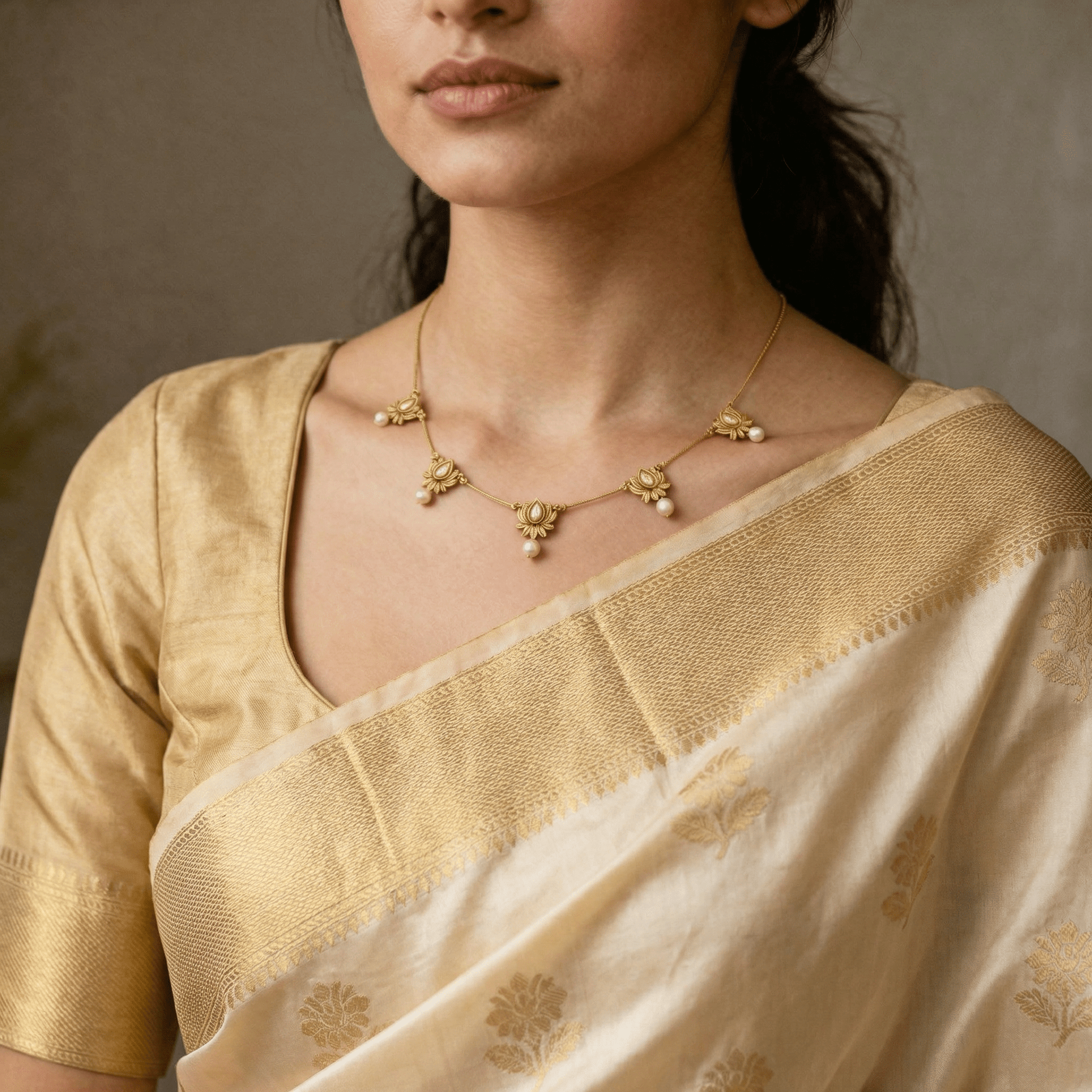 Elegant Victorian - Inspired Gold Necklace with Pearl Accents - Tara Dhara