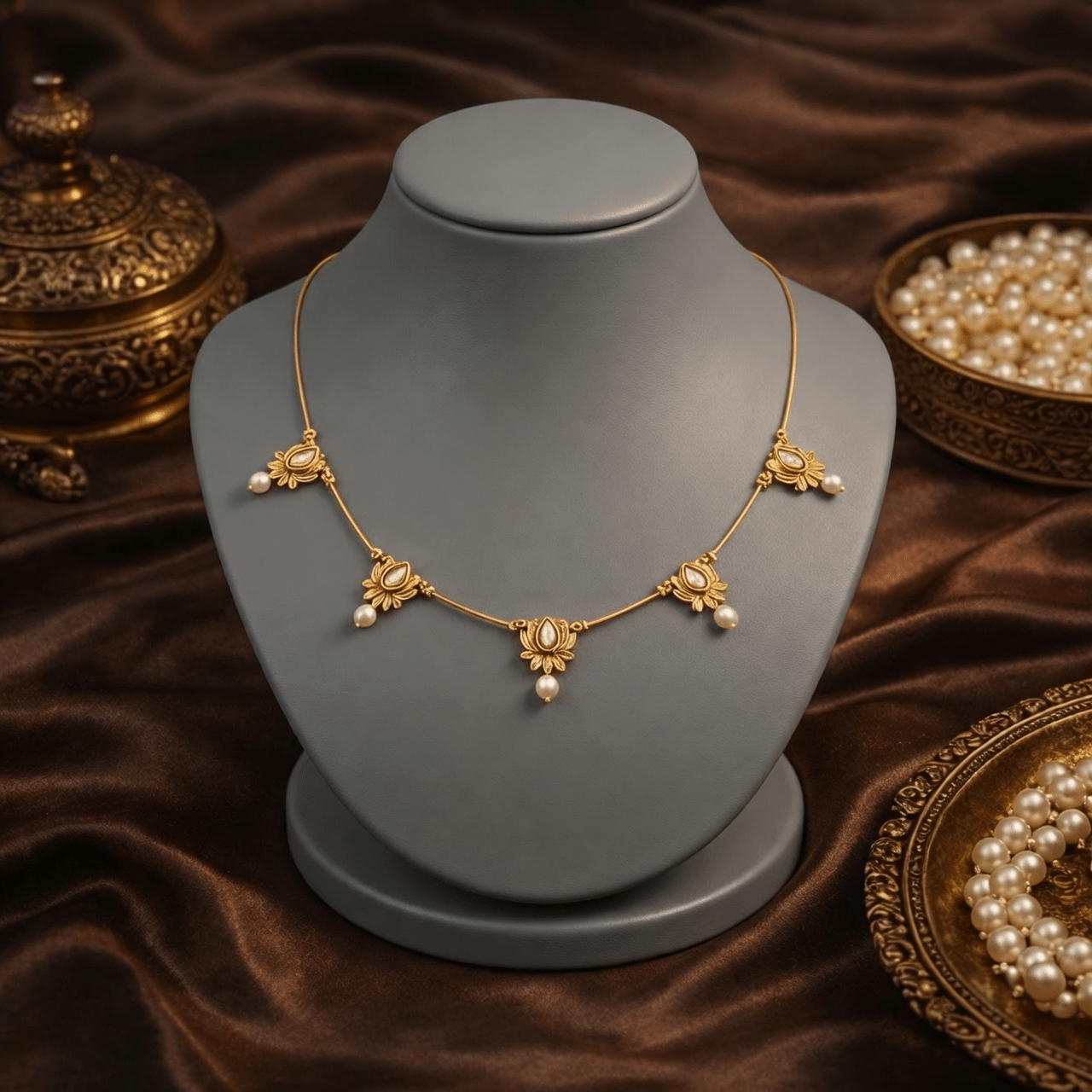 Elegant Victorian - Inspired Gold Necklace with Pearl Accents - Tara Dhara
