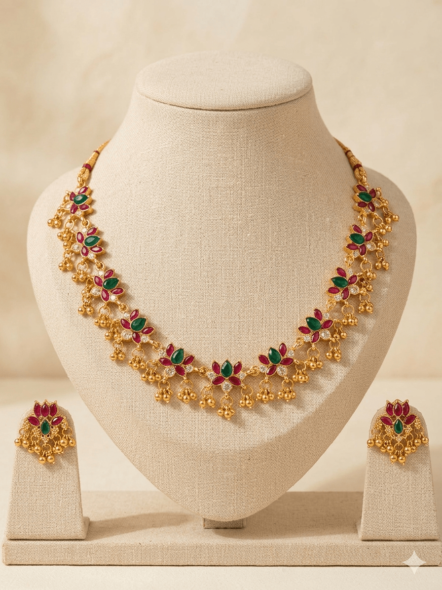 Floral Red & Green Stone Gold - Plated Necklace Set with Beaded Drops | Elegant Traditional Jewellery - Tara Dhara
