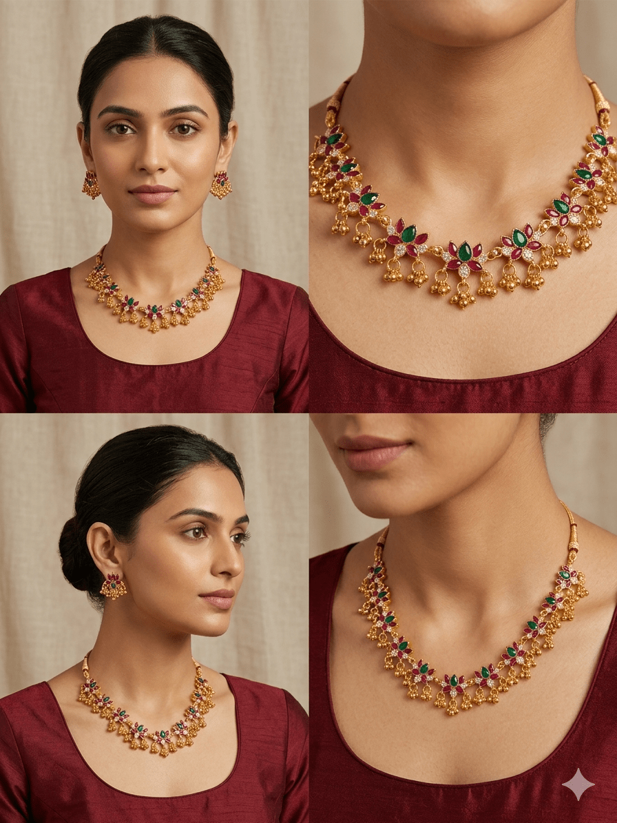 Floral Red & Green Stone Gold - Plated Necklace Set with Beaded Drops | Elegant Traditional Jewellery - Tara Dhara
