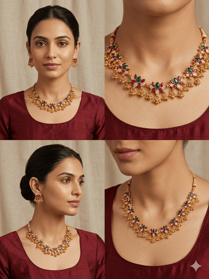 Floral Red & Green Stone Gold - Plated Necklace Set with Beaded Drops | Elegant Traditional Jewellery - Tara Dhara