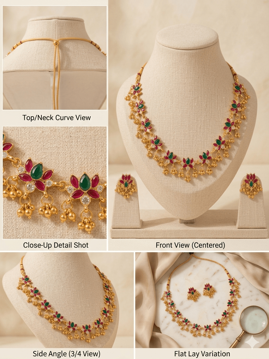 Floral Red & Green Stone Gold - Plated Necklace Set with Beaded Drops | Elegant Traditional Jewellery - Tara Dhara