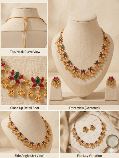 Floral Red & Green Stone Gold - Plated Necklace Set with Beaded Drops | Elegant Traditional Jewellery - Tara Dhara