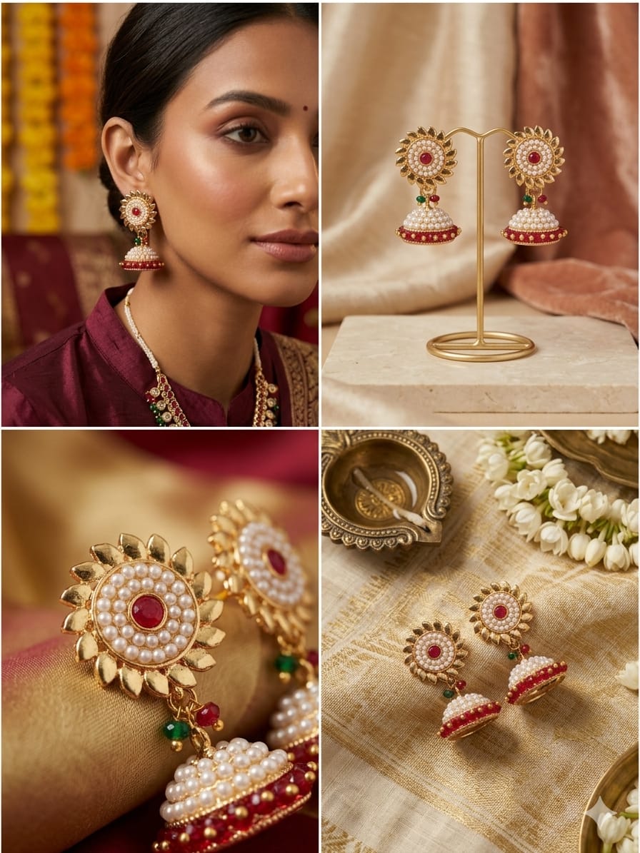 Gold - Plated Floral Pearl Jhumka Earrings with Red Stone | Elegant Traditional Jewellery - Tara Dhara