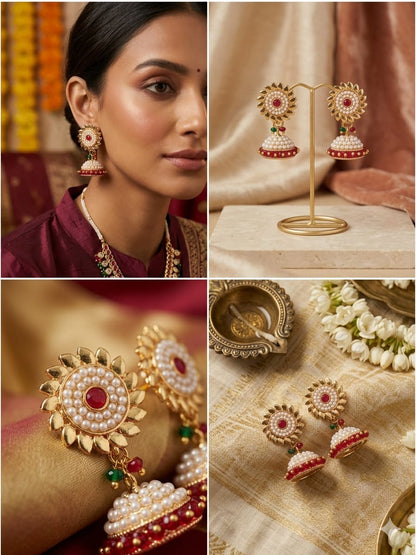 Gold - Plated Floral Pearl Jhumka Earrings with Red Stone | Elegant Traditional Jewellery - Tara Dhara
