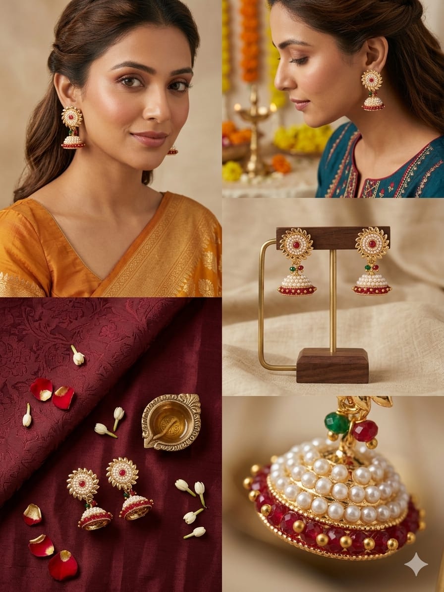Gold - Plated Floral Pearl Jhumka Earrings with Red Stone | Elegant Traditional Jewellery - Tara Dhara