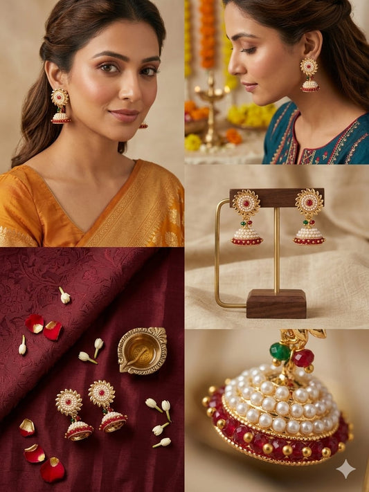 Gold - Plated Floral Pearl Jhumka Earrings with Red Stone | Elegant Traditional Jewellery - Tara Dhara