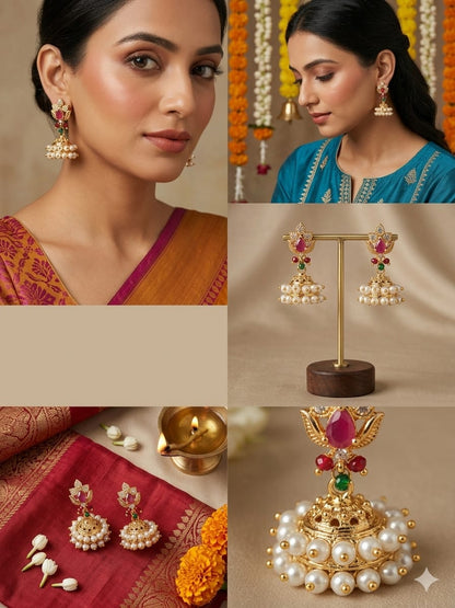 Gold - Plated Floral Ruby Stone Pearl Jhumka Earrings | Elegant Traditional Jewellery - Tara Dhara