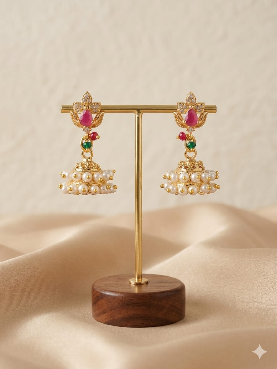 Gold - Plated Floral Ruby Stone Pearl Jhumka Earrings | Elegant Traditional Jewellery - Tara Dhara