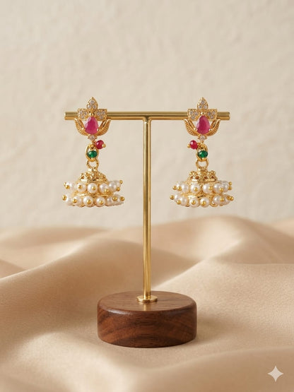 Gold - Plated Floral Ruby Stone Pearl Jhumka Earrings | Elegant Traditional Jewellery - Tara Dhara