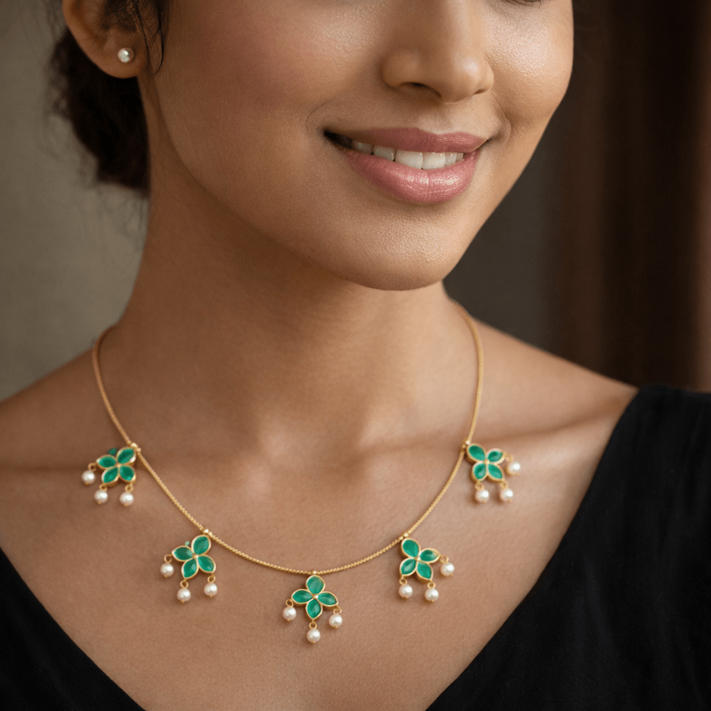 Minimal Green Floral Choker Necklace - Tara Dhara
