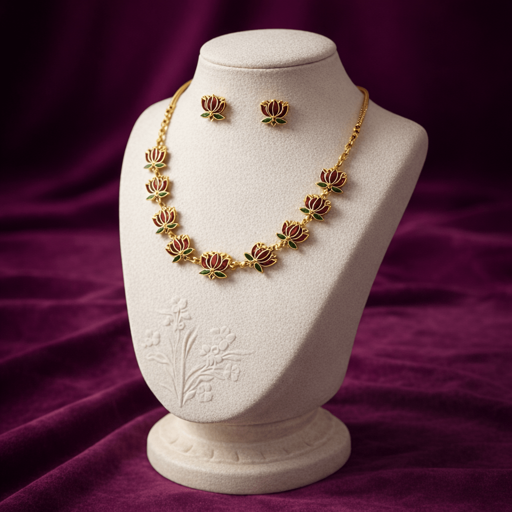 Minimal Maroon Lotus Choker Necklace Set with Earrings - Tara Dhara