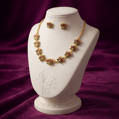 Minimal Maroon Lotus Choker Necklace Set with Earrings - Tara Dhara
