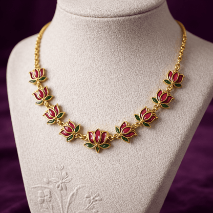 Minimal Maroon Lotus Choker Necklace Set with Earrings - Tara Dhara