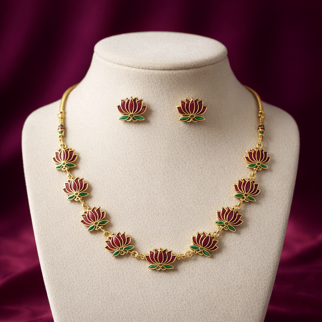 Minimal Maroon Lotus Choker Necklace Set with Earrings - Tara Dhara