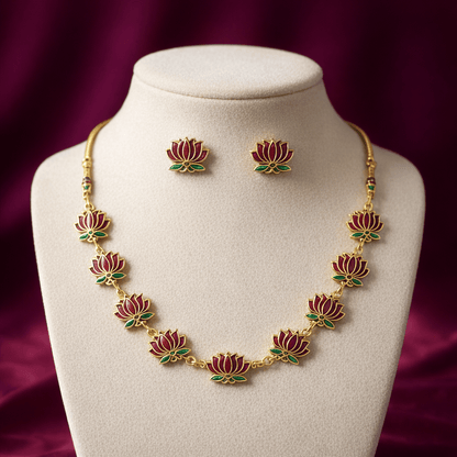 Minimal Maroon Lotus Choker Necklace Set with Earrings - Tara Dhara