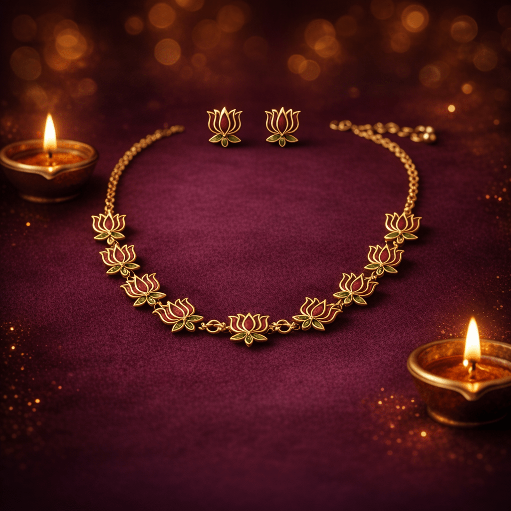 Minimal Maroon Lotus Choker Necklace Set with Earrings - Tara Dhara