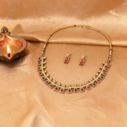 Minimal Ruby Choker Necklace Set with Earrings - Tara Dhara