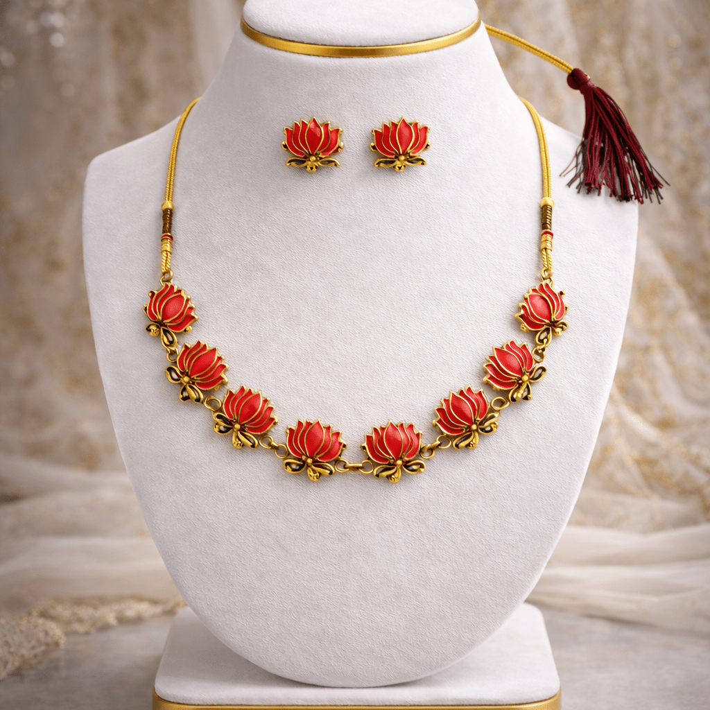 Pink Lotus Temple Necklace Set with Matching Stud Earrings - Tara Dhara