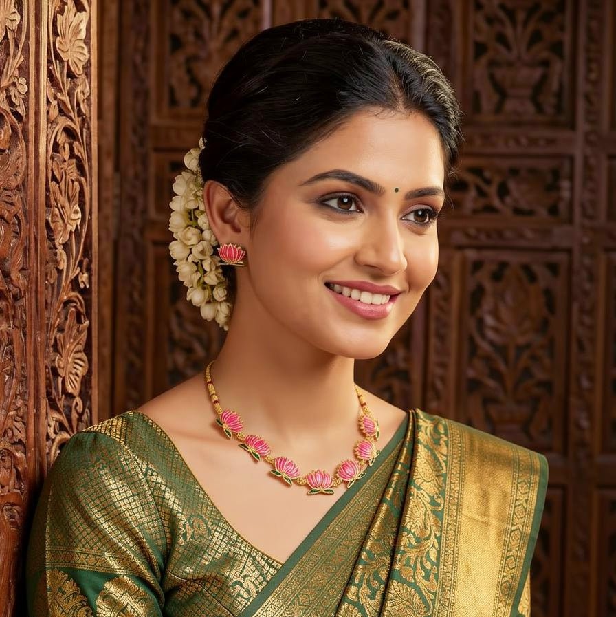 Pink Lotus Temple Necklace Set with Matching Stud Earrings - Tara Dhara