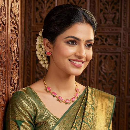 Pink Lotus Temple Necklace Set with Matching Stud Earrings - Tara Dhara