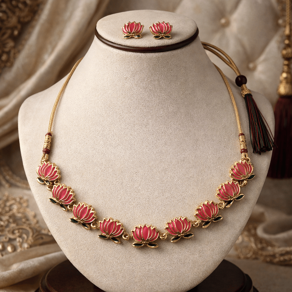 Pink Lotus Temple Necklace Set with Matching Stud Earrings - Tara Dhara
