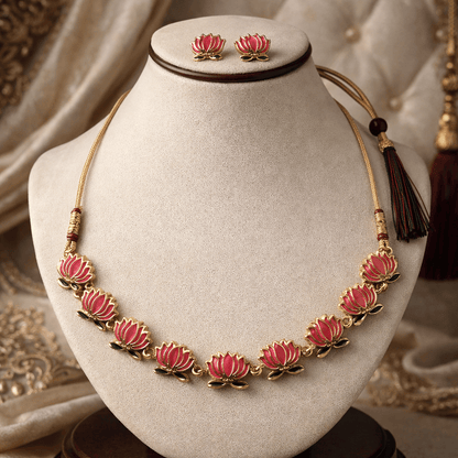 Pink Lotus Temple Necklace Set with Matching Stud Earrings - Tara Dhara
