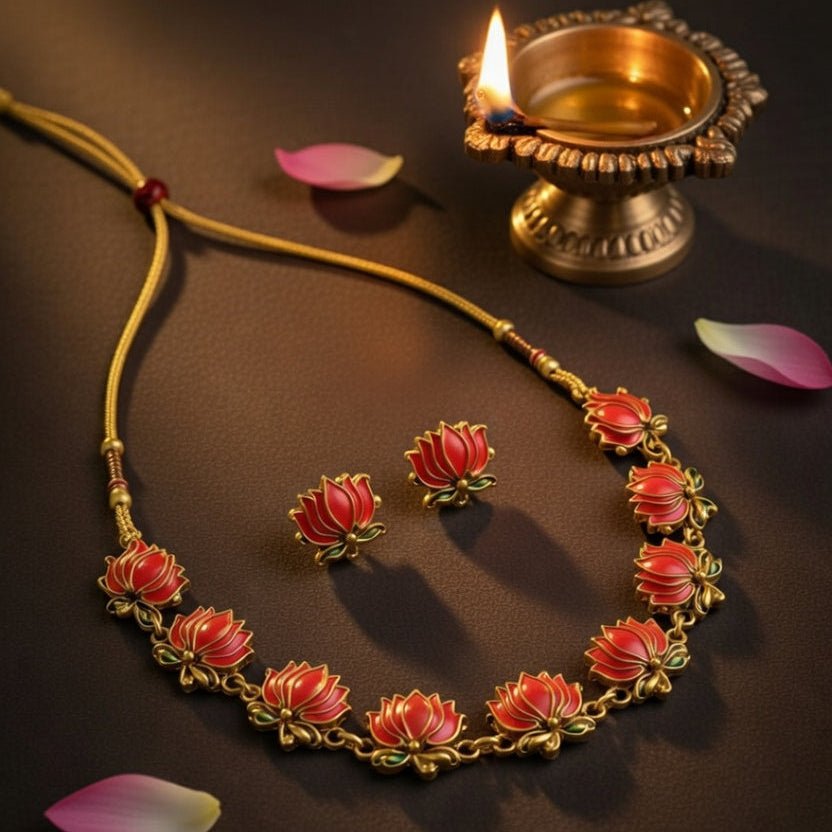 Pink Lotus Temple Necklace Set with Matching Stud Earrings - Tara Dhara