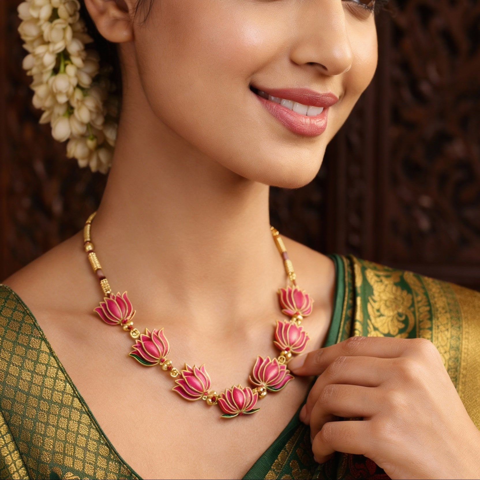 Pink Lotus Temple Necklace Set with Matching Stud Earrings - Tara Dhara