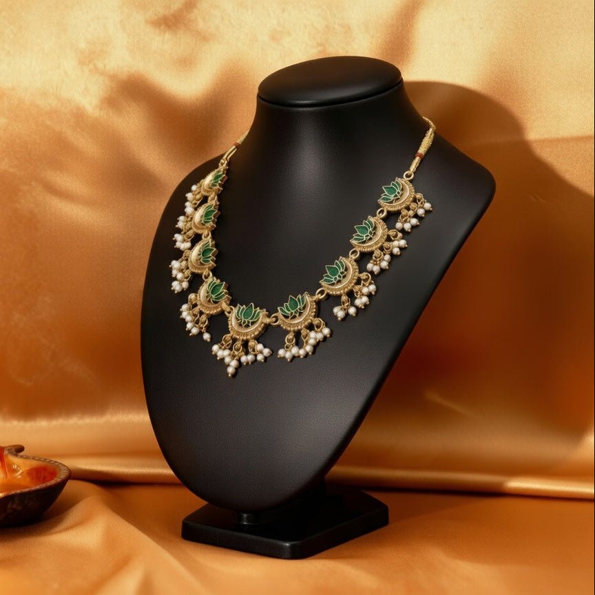 Premium Green Lotus Choker Necklace Set with Jhumka Earrings - Tara Dhara