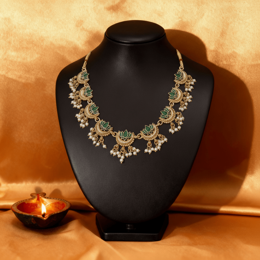 Premium Green Lotus Choker Necklace Set with Jhumka Earrings - Tara Dhara