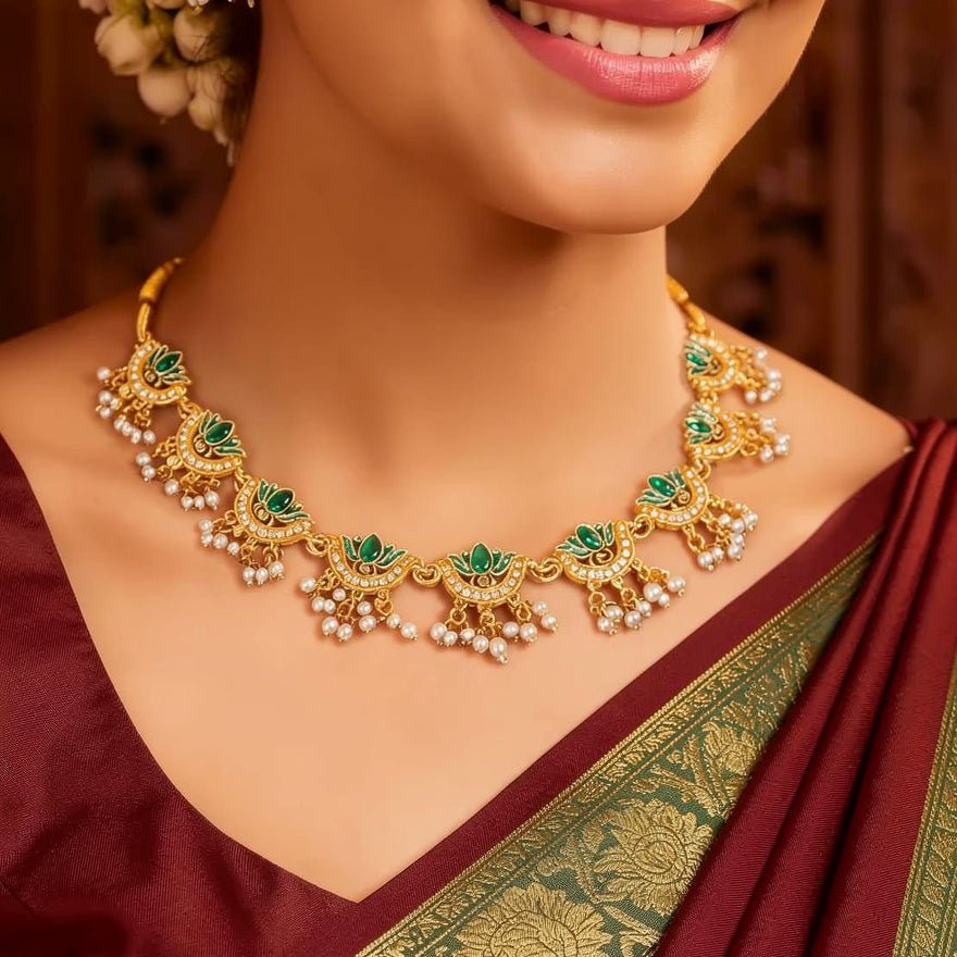 Premium Green Lotus Choker Necklace Set with Jhumka Earrings - Tara Dhara