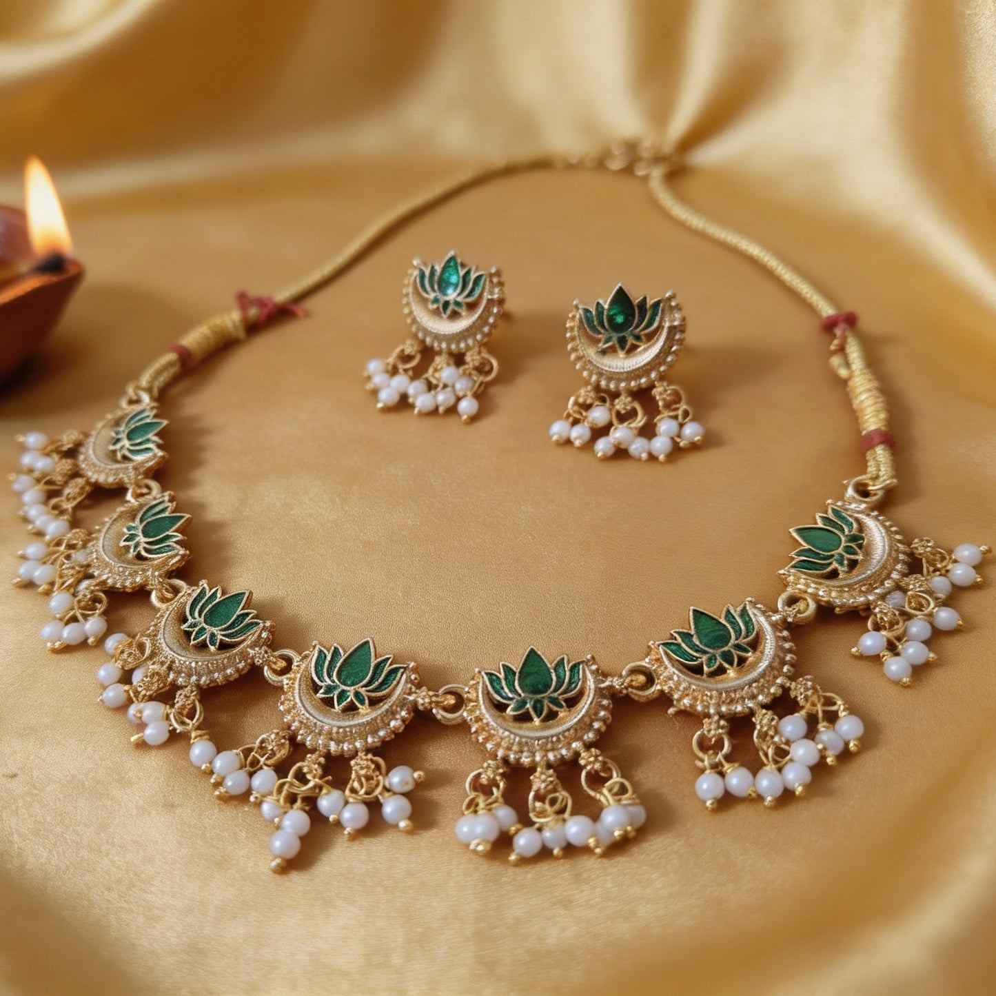 Premium Green Lotus Choker Necklace Set with Jhumka Earrings - Tara Dhara