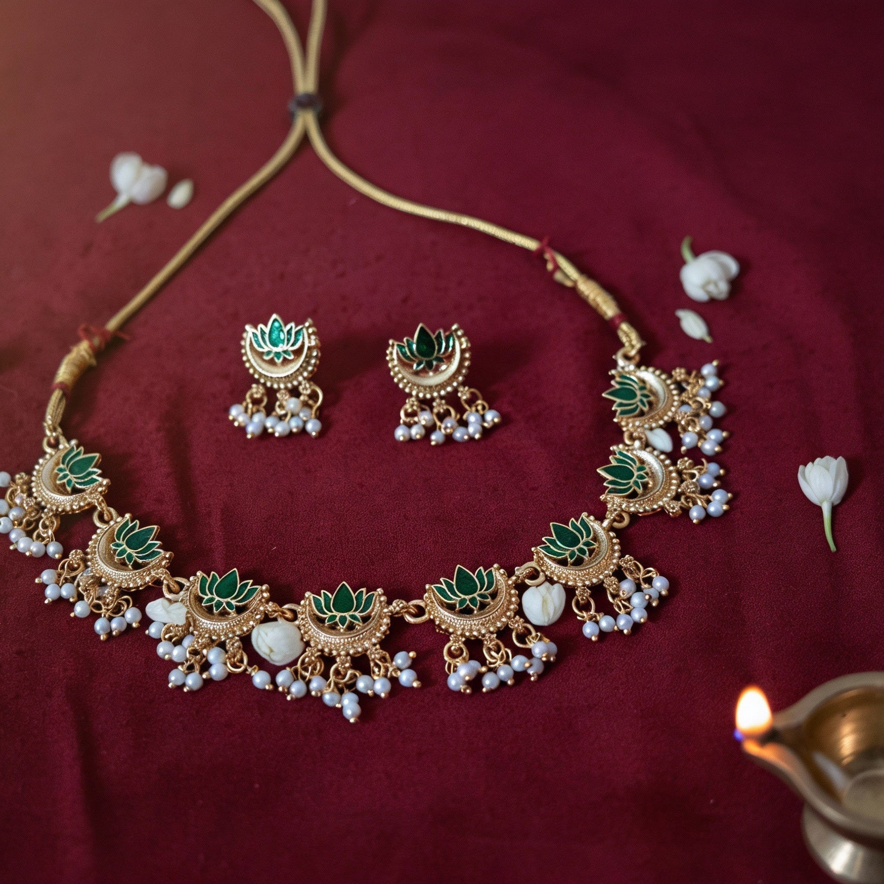 Premium Green Lotus Choker Necklace Set with Jhumka Earrings - Tara Dhara