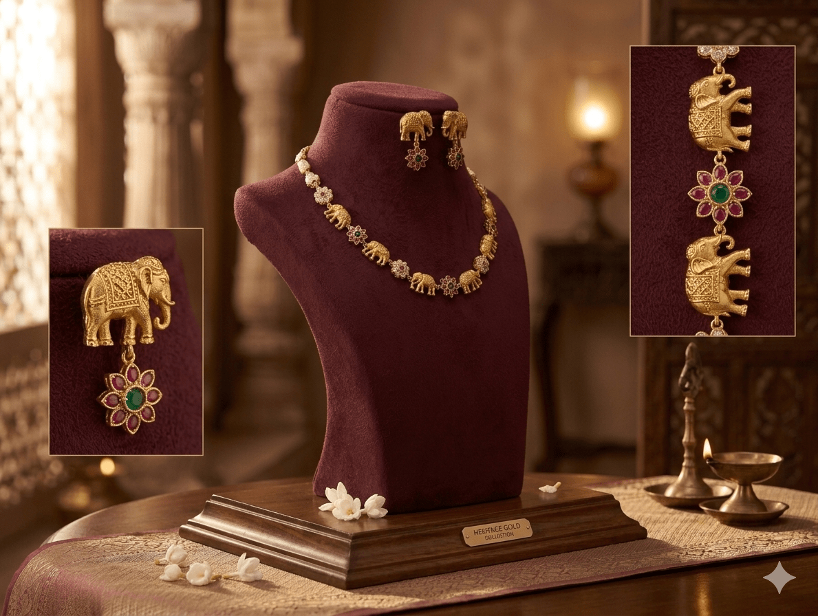 Royal Elephant Motif Temple Jewellery Set with Floral Pendant Accents - Tara Dhara