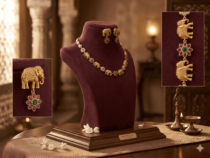 Royal Elephant Motif Temple Jewellery Set with Floral Pendant Accents - Tara Dhara
