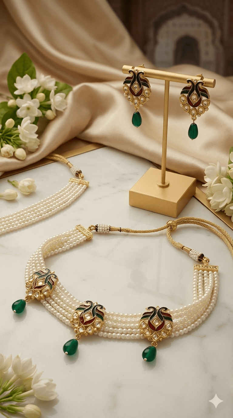 Royal Meenakari Pearl Choker Set with Emerald Drop Earrings - Tara Dhara