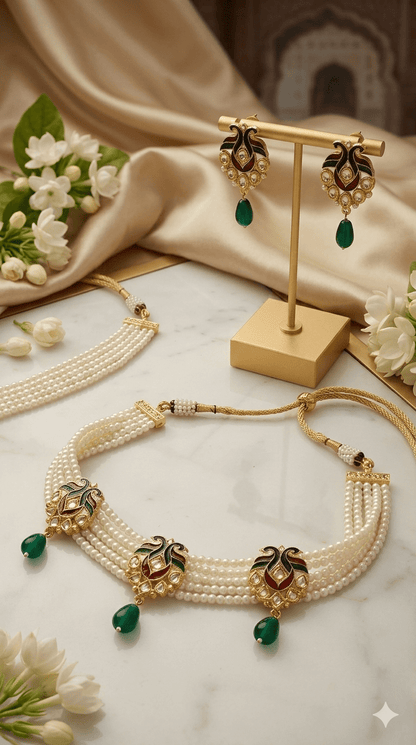 Royal Meenakari Pearl Choker Set with Emerald Drop Earrings - Tara Dhara