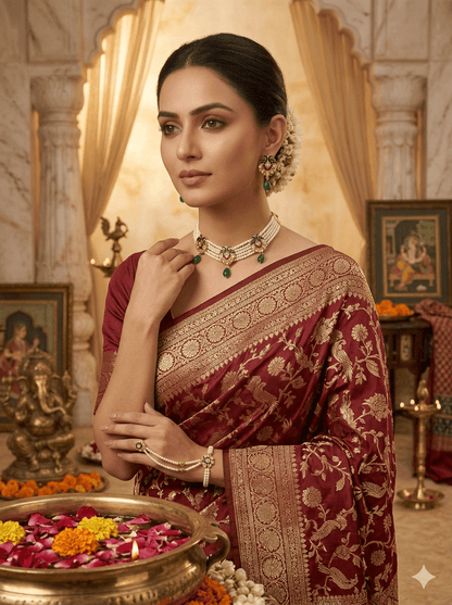 Royal Meenakari Pearl Choker Set with Emerald Drop Earrings - Tara Dhara