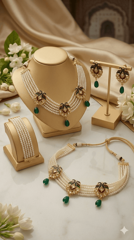 Royal Meenakari Pearl Choker Set with Emerald Drop Earrings - Tara Dhara