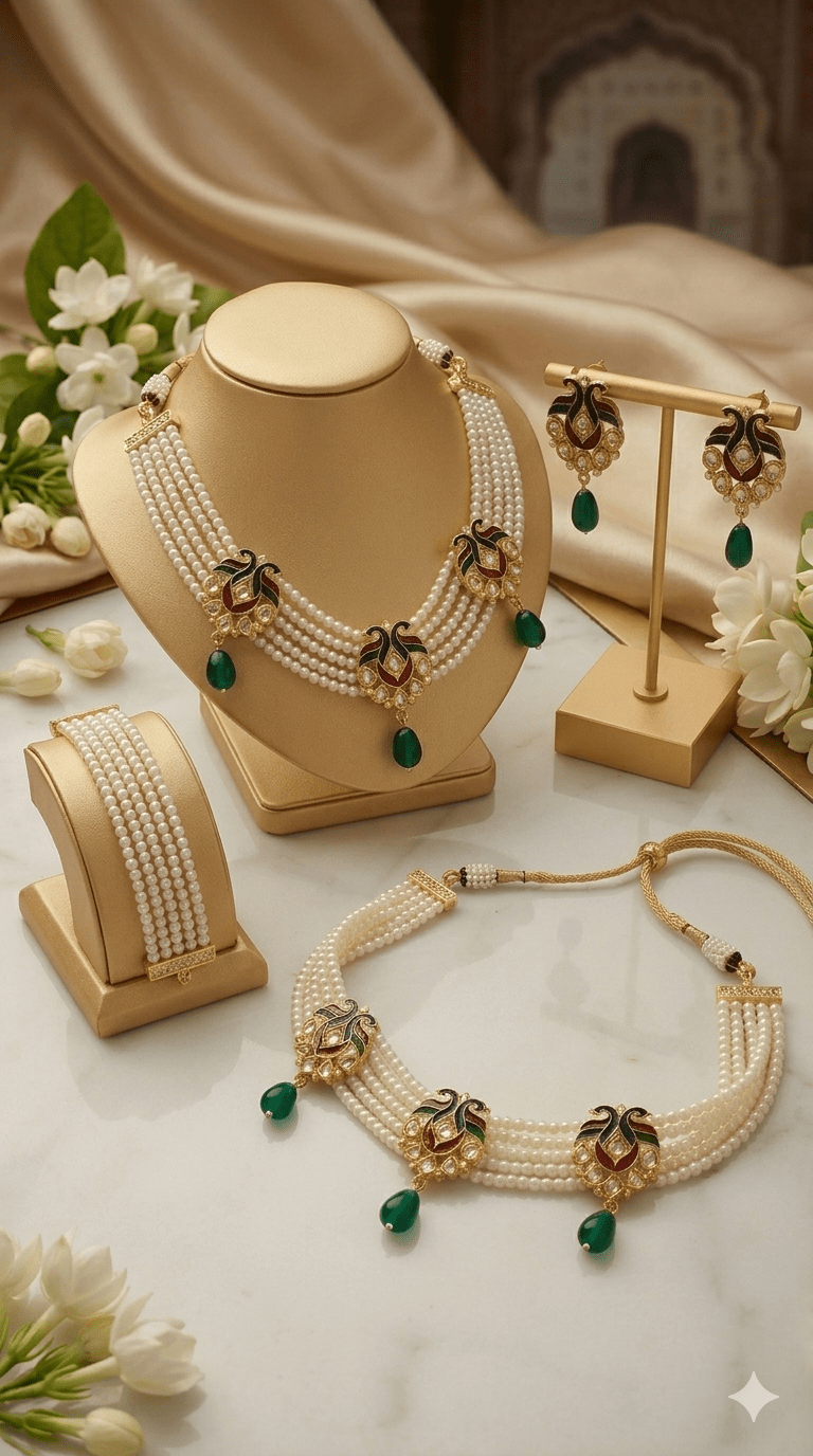 Royal Meenakari Pearl Choker Set with Emerald Drop Earrings - Tara Dhara