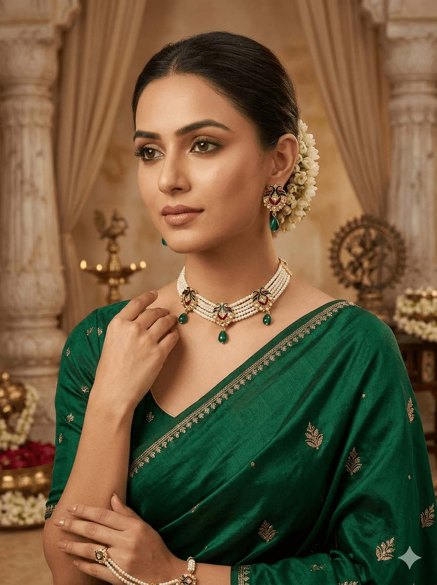 Royal Meenakari Pearl Choker Set with Emerald Drop Earrings - Tara Dhara