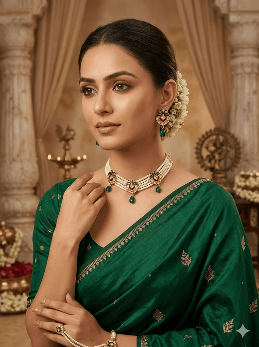 Royal Meenakari Pearl Choker Set with Emerald Drop Earrings - Tara Dhara