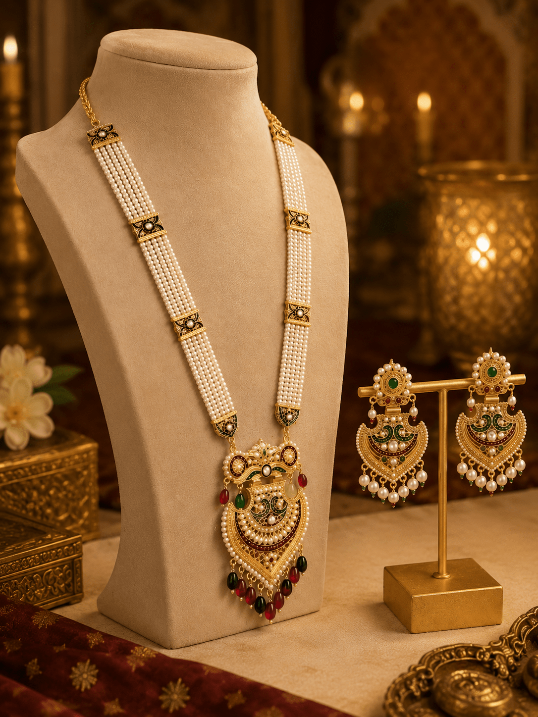 Royal Pearl Haar Set with Temple Pendant & Designer Earrings - Tara Dhara