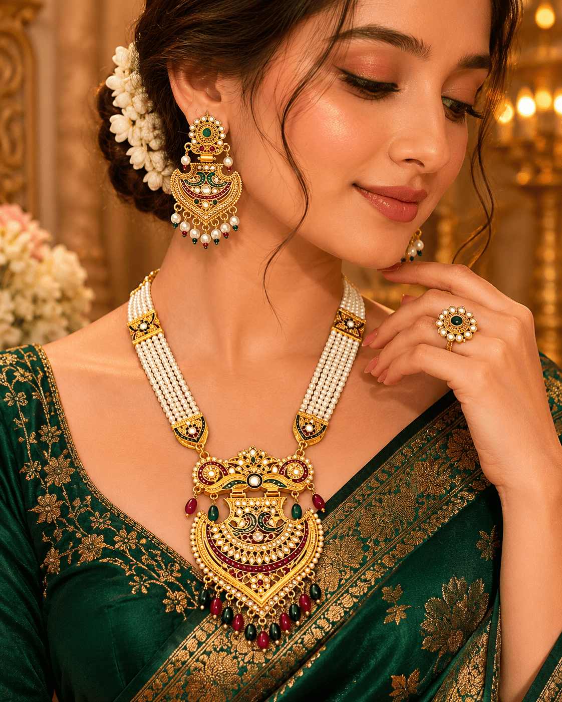 Royal Pearl Haar Set with Temple Pendant & Designer Earrings - Tara Dhara