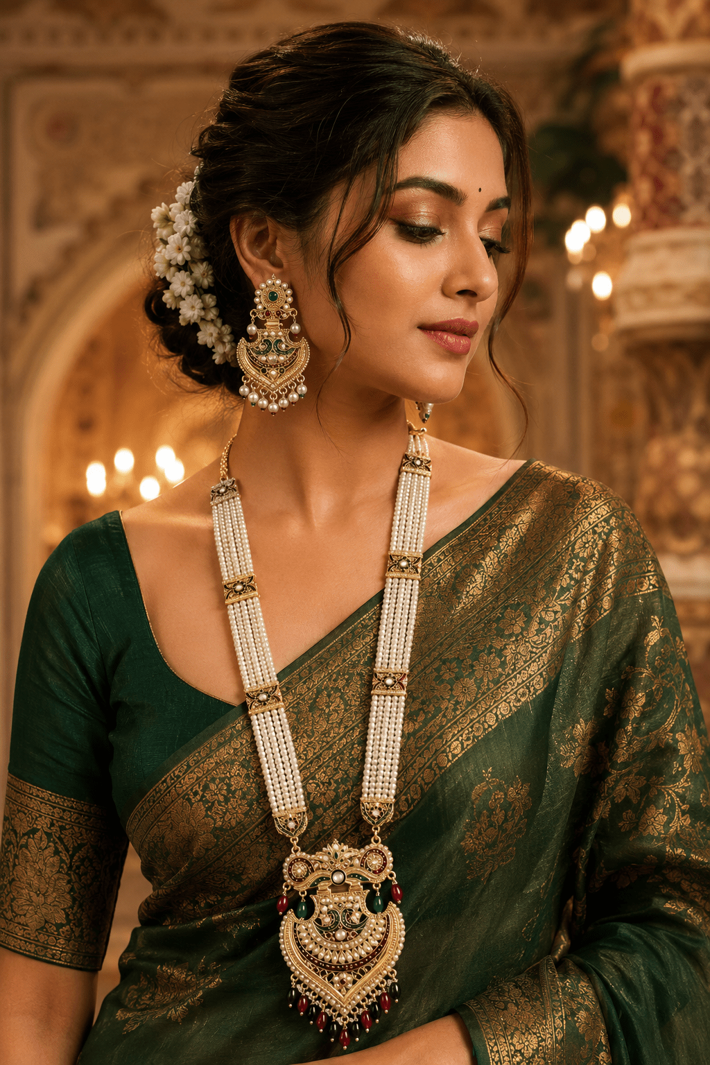 Royal Pearl Haar Set with Temple Pendant & Designer Earrings - Tara Dhara